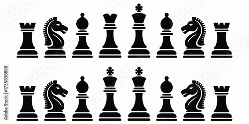 Black Chess Piece Silhouette Vector Collection Strategic Game Icons of Classic Pieces in Starting Lineup for Board Games, Logic, Competition, Tournament Posters, and Educational Projects