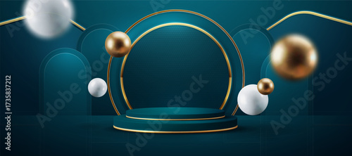 Teal and gold luxurious product podium with floating spheres