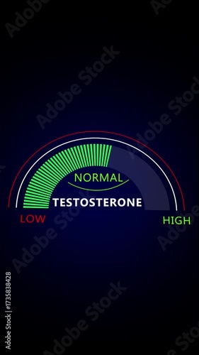 Testosterone level metering. Animated testosterone level meter decreasing from Low to Normal level for concepts related to low testosterone. 