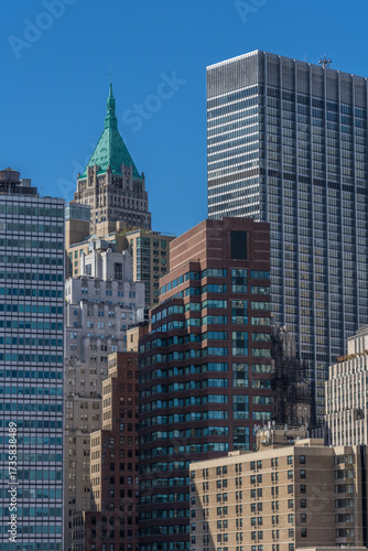 Lower Manhattan highrise buildings skyline view from Brooklyn bridge. New York, USA.