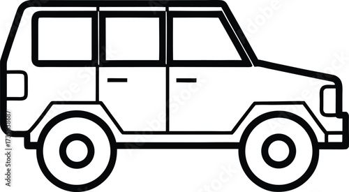 Simple Black and White Line Art Illustration of a Side View SUV