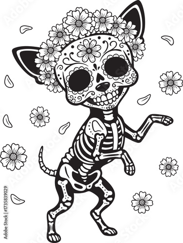 Cute Sugar Skull Skeleton Chihuahua with Floral Crown Vector Illustration in Playful Pose - Day of the Dead Pet Art