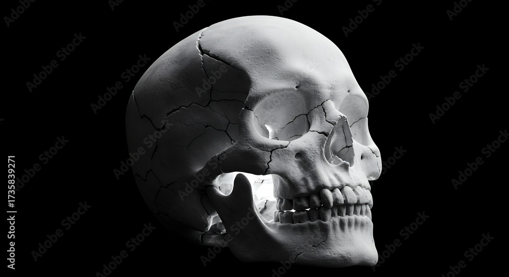 Obraz premium Human skull rendering on a black backdrop anatomical study artistic representation