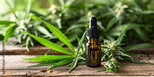 Bottle medical cannabis oil next to hemp leaves herbal treatment on a wooden table and empty background.
