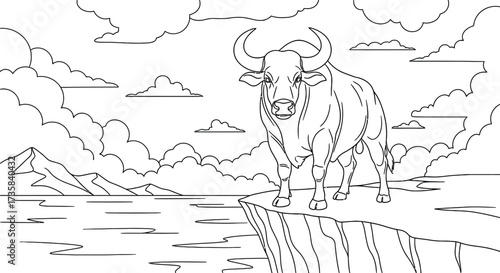 Coloring page of a water buffalo standing on a cliff outline