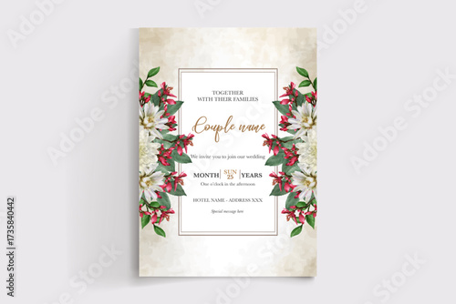 WEDDING INVITATION FRAME WITH FLOWER DECORATIONS AND FRESH LEAVES