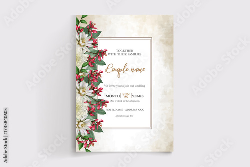 WEDDING INVITATION FRAME WITH FLOWER DECORATIONS AND FRESH LEAVES