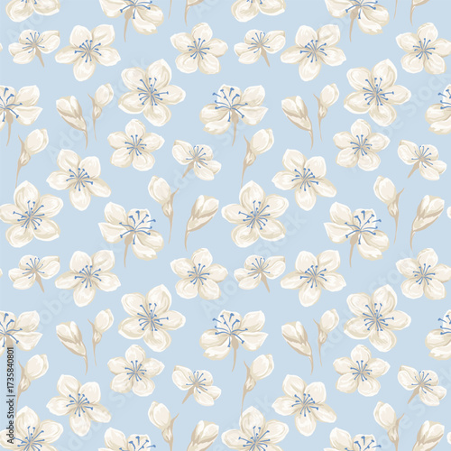 Seamless vector floral pattern with delicate ivory blossoms on a soft blue background. Elegant botanical design for fabric, wallpaper, wrapping, and surface prints