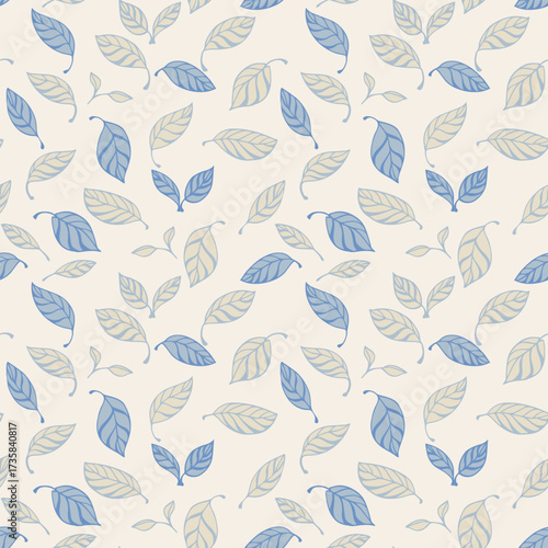 Seamless vector pattern with delicate blue and beige leaves on a light cream background. Template for fabric, wallpaper, stationery, wrapping paper, and modern design projects