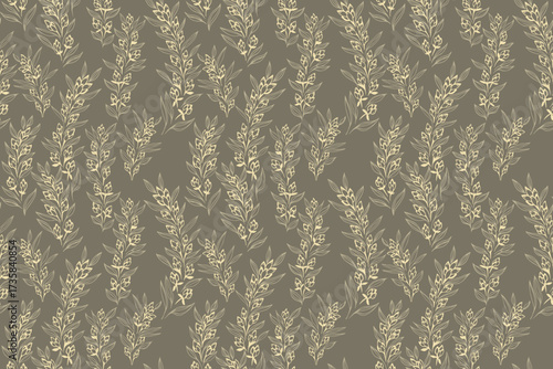 Elegant seamless vector pattern with delicate botanical branches, leaves, and buds in hand drawn linear style. Designs for fabric, wallpaper, packaging, and decor