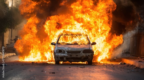 A burning car engulfed in flames amidst smoke, depicting chaos and destruction on a street.