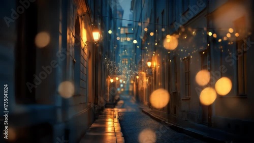Serene alleyway glows with vintage lamps and festive string lights