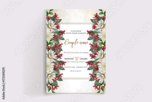 WEDDING INVITATION FRAME WITH FLOWER DECORATIONS AND FRESH LEAVES