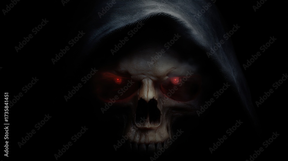 Fototapeta premium A dark, eerie depiction of a skull cloaked in shadow, featuring glowing red eyes that evoke a sense of fear and mystery.