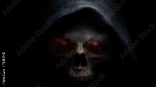A dark, eerie depiction of a skull cloaked in shadow, featuring glowing red eyes that evoke a sense of fear and mystery.