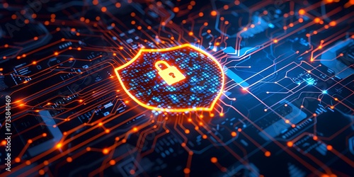 Digital shield with lock symbolizing cybersecurity and data protection in a futuristic circuit board.