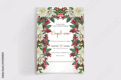 WEDDING INVITATION FRAME WITH FLOWER DECORATIONS AND FRESH LEAVES