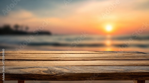 A serene sunset over the ocean, viewed from a wooden table, creating a tranquil atmosphere with soft colors and gentle waves.