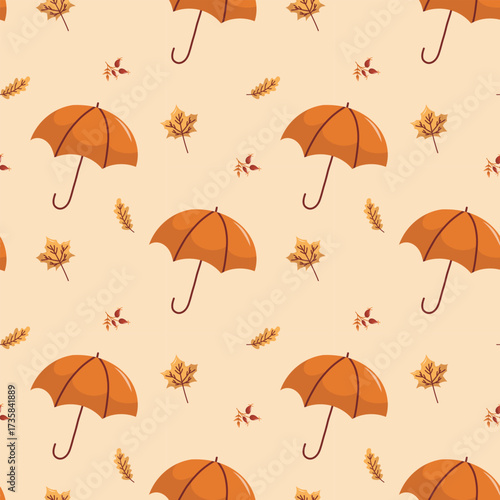 Autumn seamless pattern with umbrellas and leaves. Seamless autumn background featuring orange umbrellas, dry leaves, and fall branches, perfect for seasonal design, wallpaper, and textile decoration.
