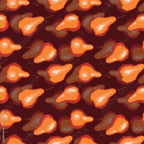 Seamless pattern with pear on color background. Natural delicious fresh ripe tasty fruit. Sweet pears with leaves. Food concept. Vector illustration for print, fabric, textile.