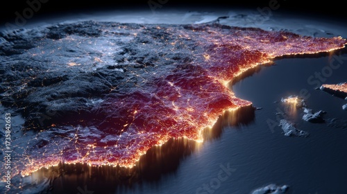 3D Map of Portugal at Night Highlighting Glowing Lisbon and Coastal City Lights