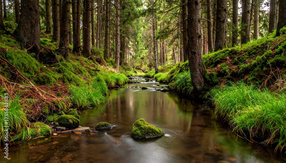 Obraz premium Forest stream, moss-covered banks