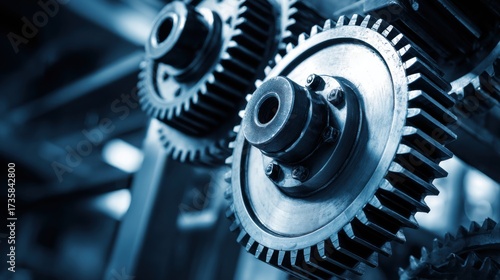 A close-up of interconnected gears in a mechanical setting, showcasing intricate details and metallic textures in a blue-toned environment.