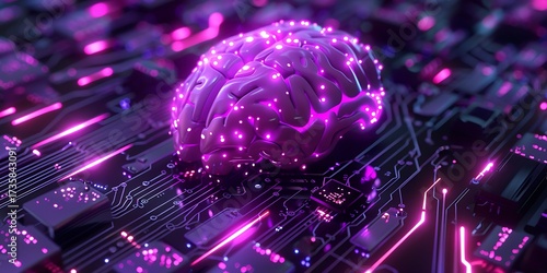 Luminous digital brain glowing with neon lights on a futuristic circuit board, representing artificial intelligence and innovation.