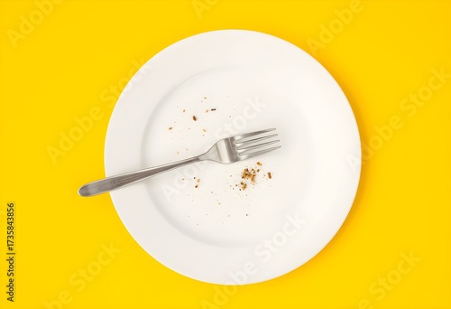 An empty white plate with a fork and leftover crumbs after a meal, seen from a top-down perspective on a bright yellow background.
