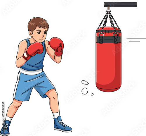 Boxing training illustration of young athlete punching bag, cartoon vector for fitness, discipline, sports education, and physical activity awareness
