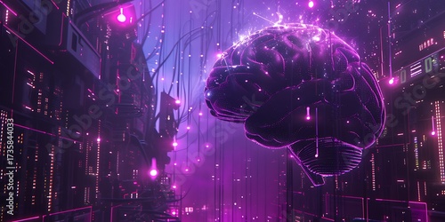 Futuristic glowing brain concept with digital connections in a dark, neon-lit environment