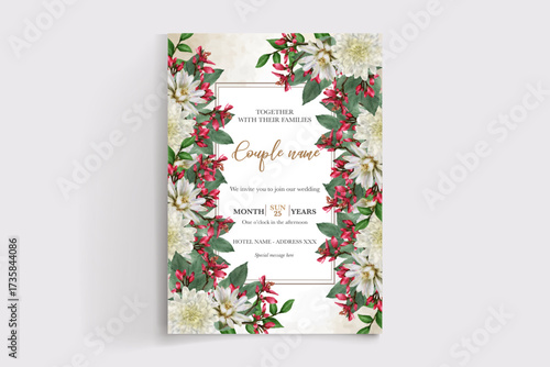 WEDDING INVITATION FRAME WITH FLOWER DECORATIONS AND FRESH LEAVES