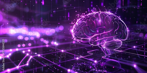 Illuminated futuristic brain with glowing neural network connections in a digital world