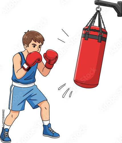 Boxing training vector of young athlete striking punching bag, cartoon illustration for fitness, sports education, discipline, and physical activity themes