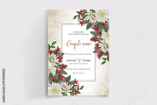 WEDDING INVITATION FRAME WITH FLOWER DECORATIONS AND FRESH LEAVES