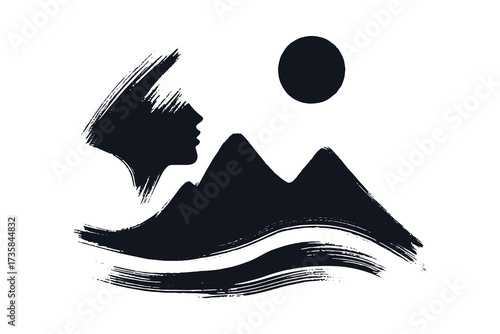Woman face landscape silhouette brush style vector illustration