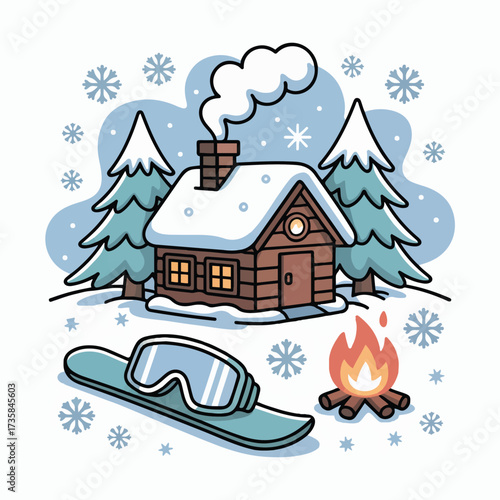 Cozy Winter Cabin Scene with Snowboard and Bonfire