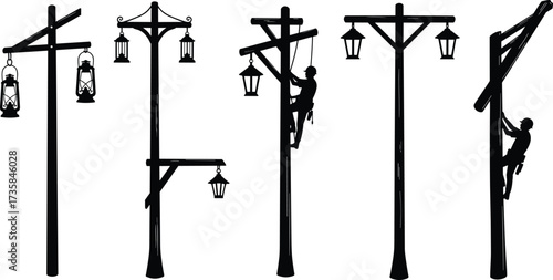 Vintage street lantern pole vector illustration with hanging lamps, climbing workers, rustic wooden posts, and classic urban lighting silhouettes design.