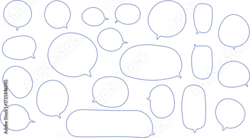 可愛い形の吹き出しセット。手描き風でゆるい感じのふきだし。青色。丸、長方形がたくさんあって使いやすい。