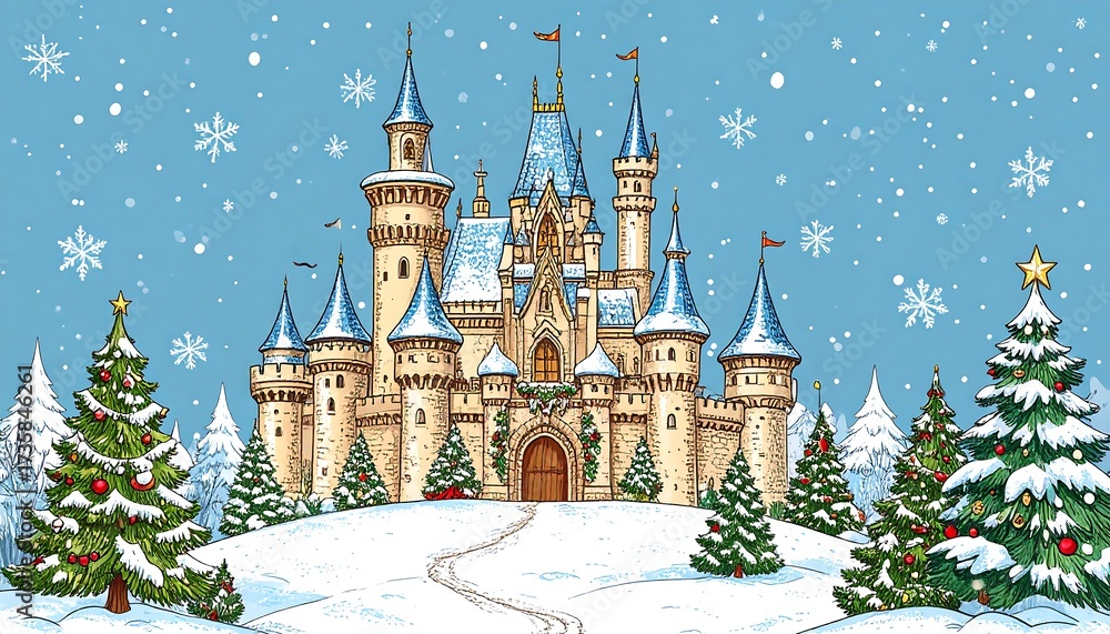 Fototapeta premium Snow Covered Fairytale Castle Winter Scene.