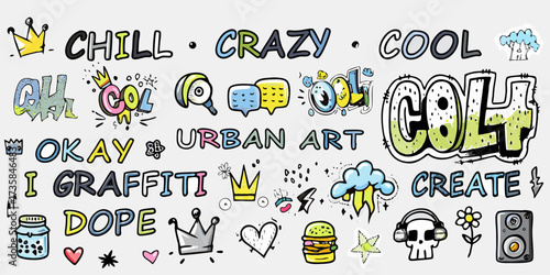Vibrant graffiti style word art and icons featuring chill crazy cool urban art dope create and more