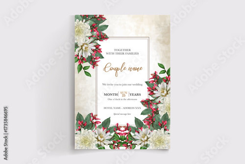 WEDDING INVITATION FRAME WITH FLOWER DECORATIONS AND FRESH LEAVES