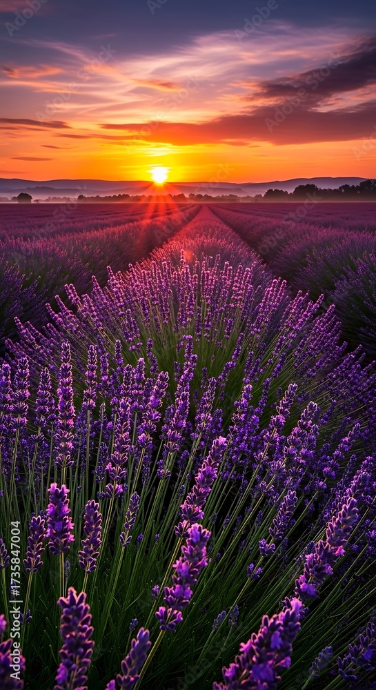 Naklejka premium Lavender field at sunset - A serene landscape of purple blooms.
