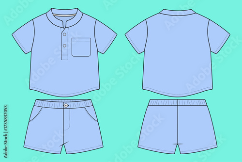 Infant Henley-Style Popover and Elastic Waist Shorts Fashion Flat Sketch Technical CAD Drawing.