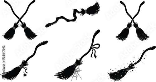 Witch broomstick vector illustration with spooky Halloween magic, flying broom, cobweb details, star sparkles, crossed broomsticks, dark witchcraft silhouette design.