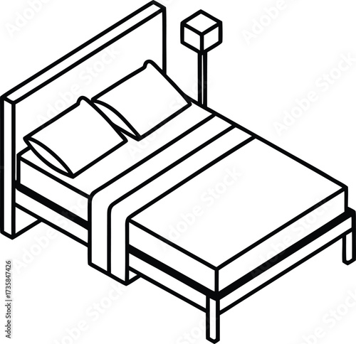 Minimal Isometric Line Art of a Single Bed with Pillow and Blanket in Black Outline Style
