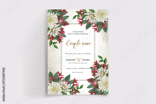WEDDING INVITATION FRAME WITH FLOWER DECORATIONS AND FRESH LEAVES