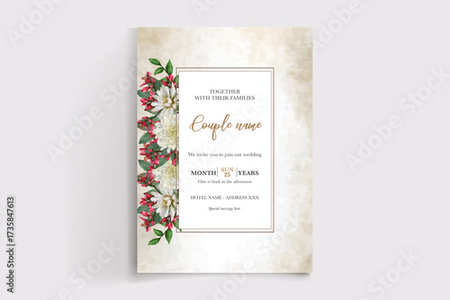 WEDDING INVITATION FRAME WITH FLOWER DECORATIONS AND FRESH LEAVES