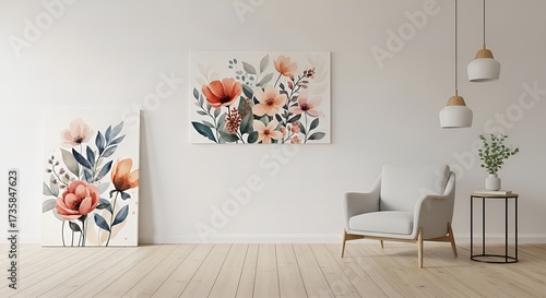 Bright interior with floral canvas art, armchair, and pendant lights on white wall