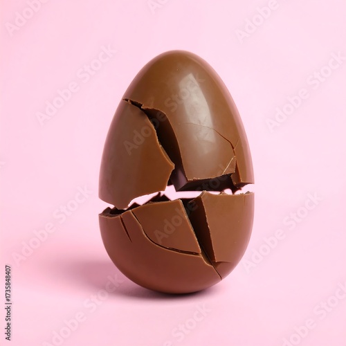 Broken chocolate Easter egg on pink background
